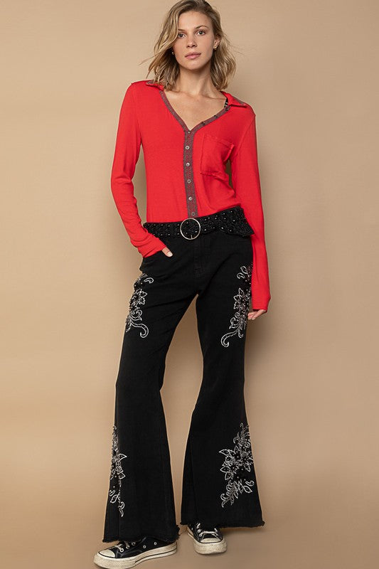 POL Raw Hem Embroidered Flare Pants