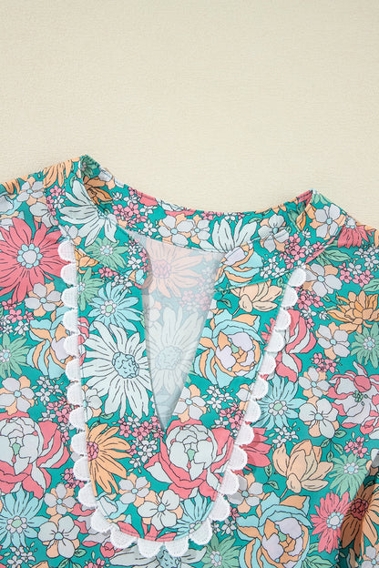 Printed Notched Short Sleeve Blouse