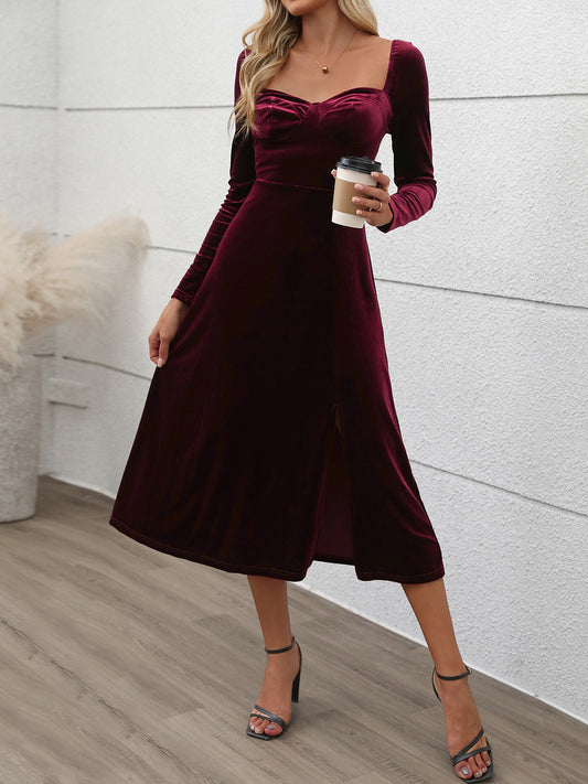 Perfee Sweetheart Neck Long Sleeve Midi Dress