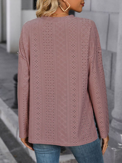 Eyelet Round Neck Long Sleeve Top