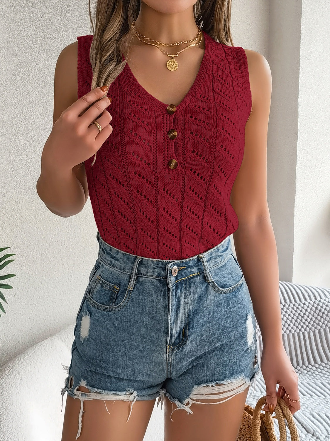 Openwork V-Neck Knit Vest