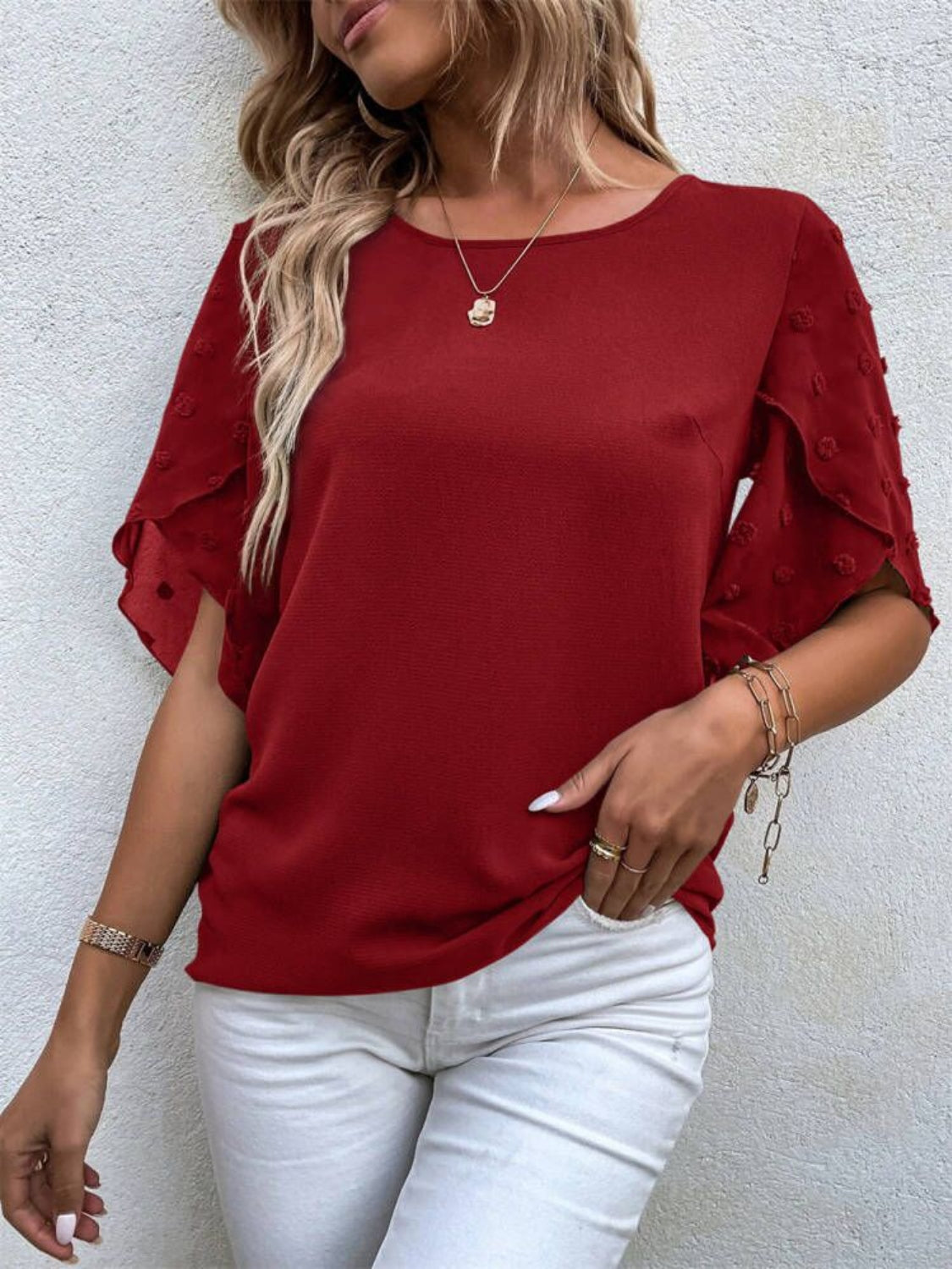 Swiss Dot Round Neck Half Sleeve Blouse