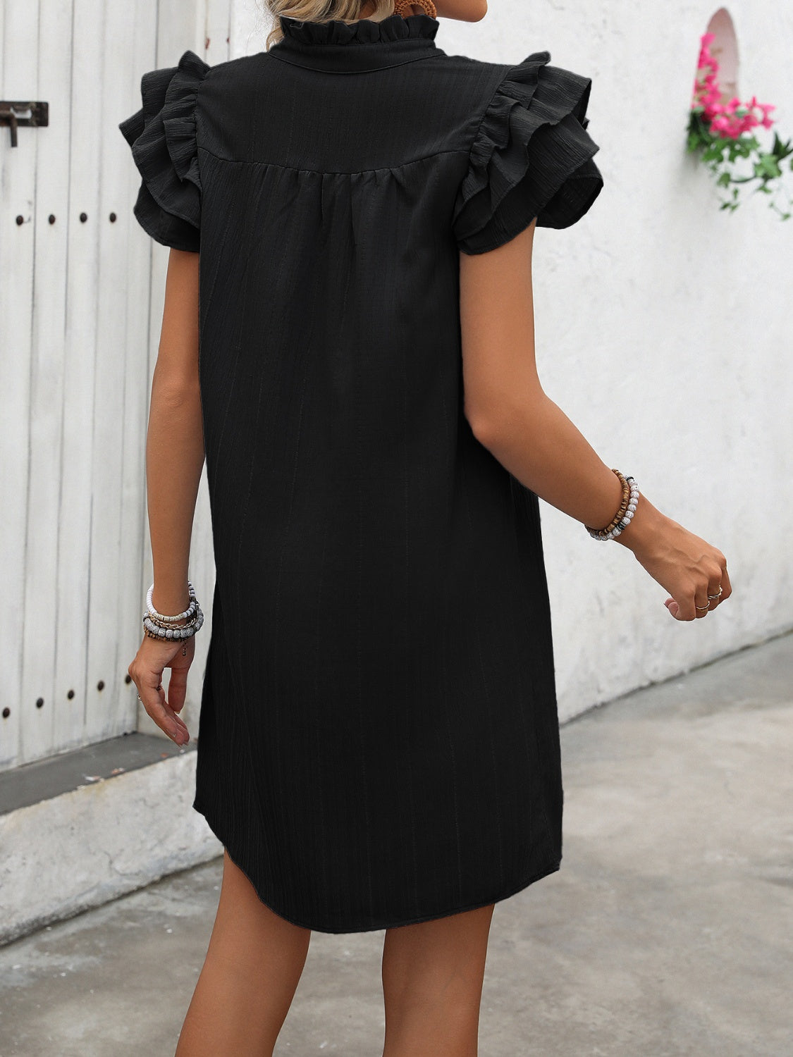 Ruffled Notched Cap Sleeve Mini Dress