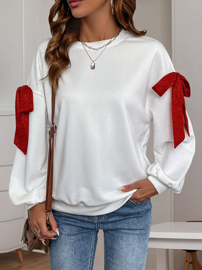 Perfee Bow Round Neck Long Sleeve Sweatshirt