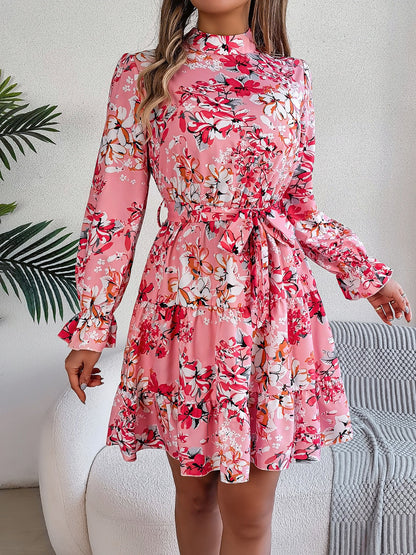 Printed Mock Neck Flounce Sleeve Mini Dress