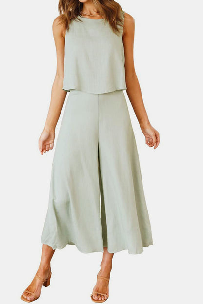 Round Neck Top and Wide Leg Pants Set