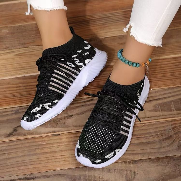 Breathable Leopard Mesh Lace Up Sneakers