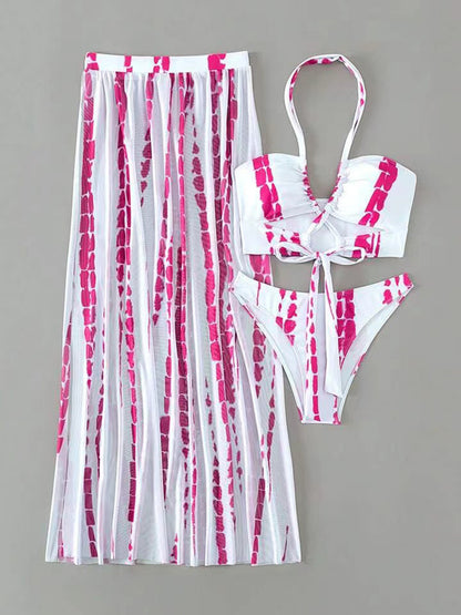 Printed Halter Neck Three-Piece Swim Set