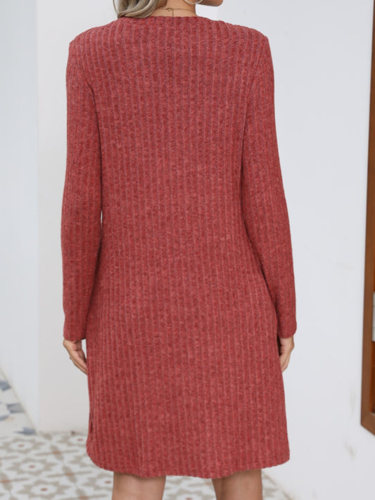 Decorative Button Round Neck Long Sleeve Dress