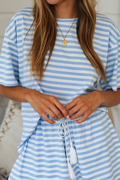 Striped Round Neck Top and Shorts Set