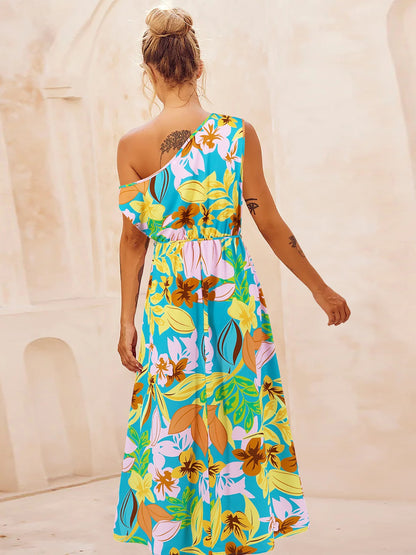 Printed One Shoulder Short Sleeve Dress