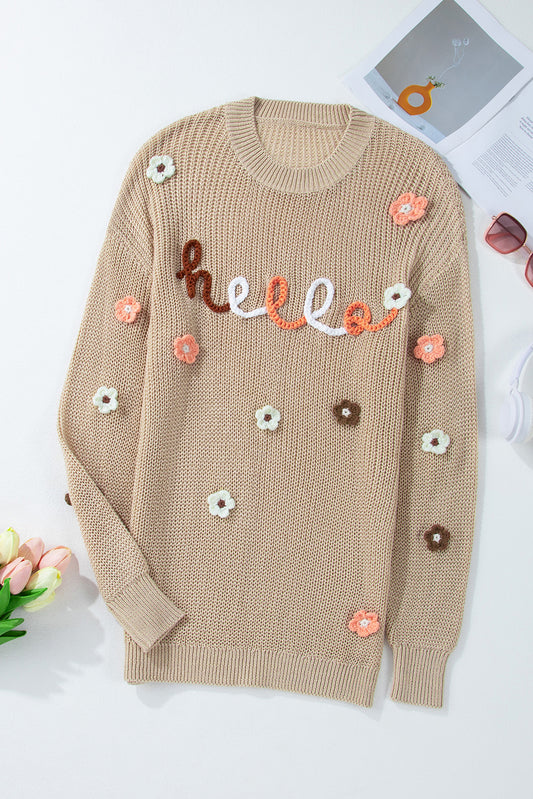 HELLO Flower Round Neck Long Sleeve Sweater