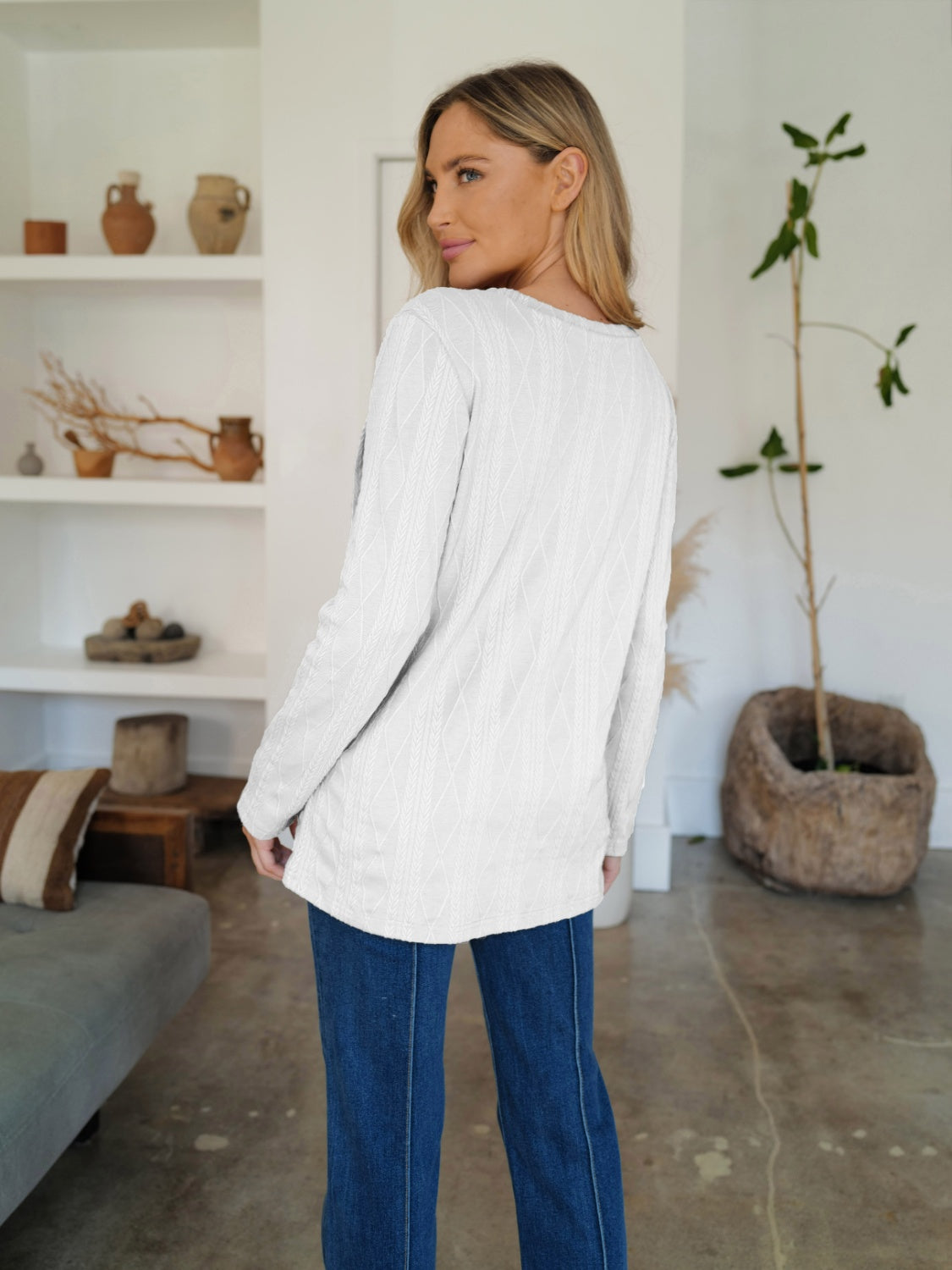 Slit Round Neck Long Sleeve T-Shirt