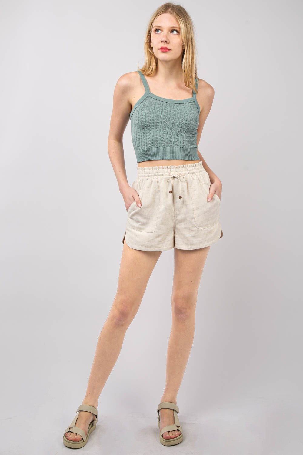 VERY J Drawstring Elastic Waist Linen Shorts