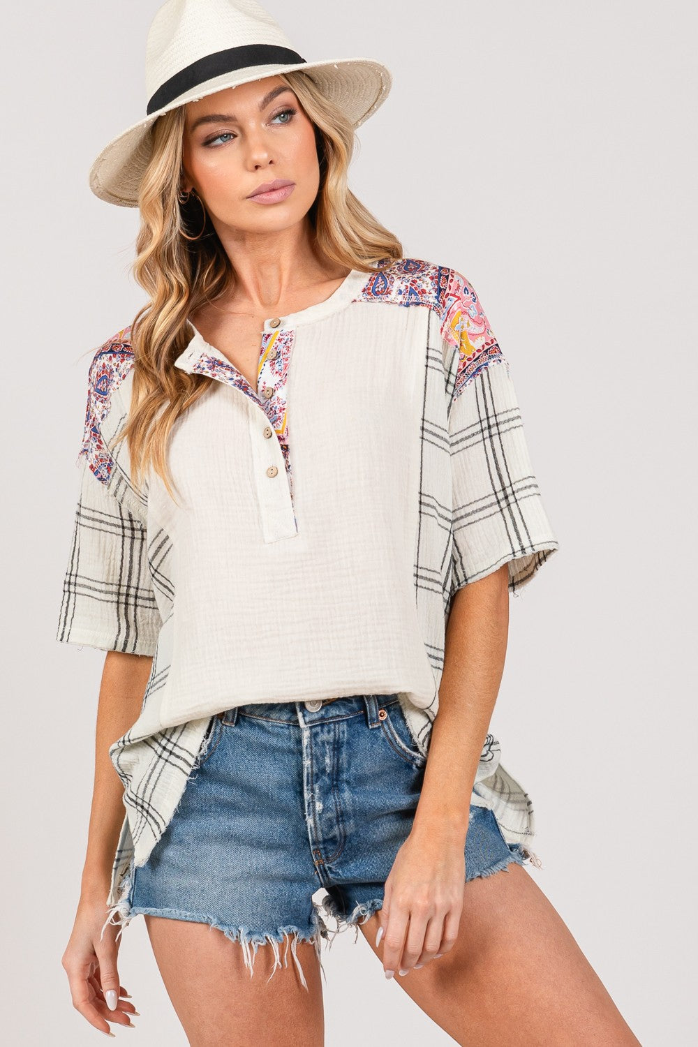 SAGE + FIG Plaid Half Button Gauze Top