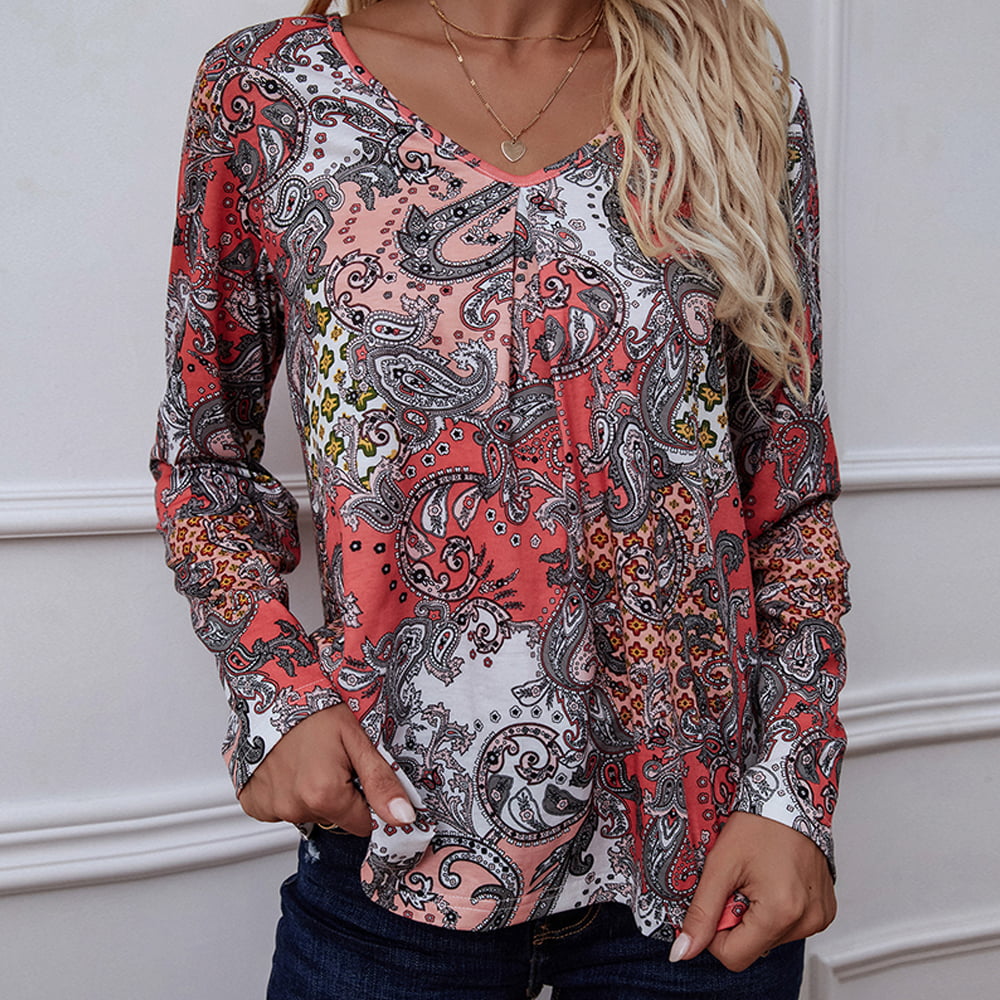 Shiny Printed V-Neck Long Sleeve Blouse