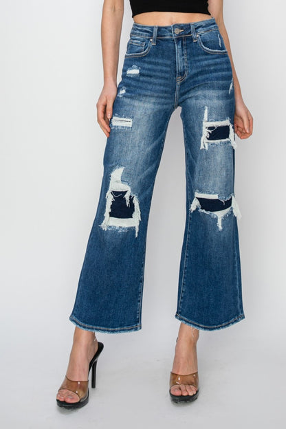 Risen Full Size High Rise Patch Detailed Wide Leg Crop Jeans