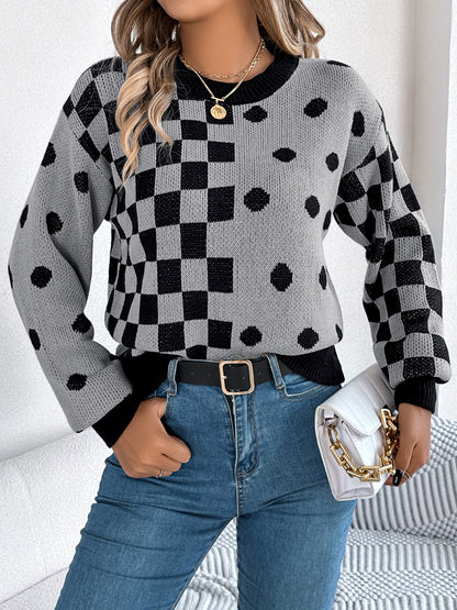 Plaid Round Neck Long Sleeve Sweater