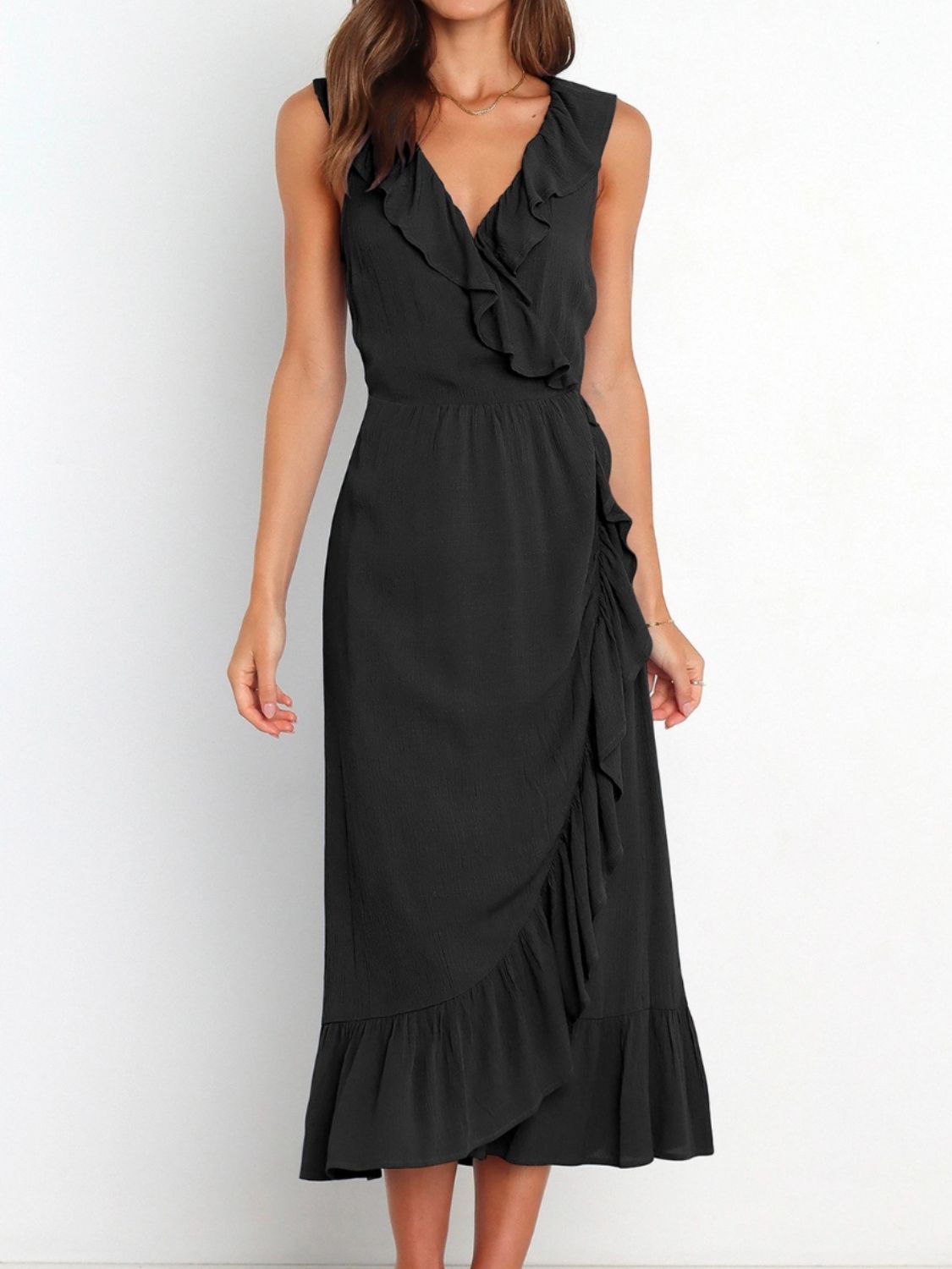 Ruffled Surplice Sleeveless Midi Dress