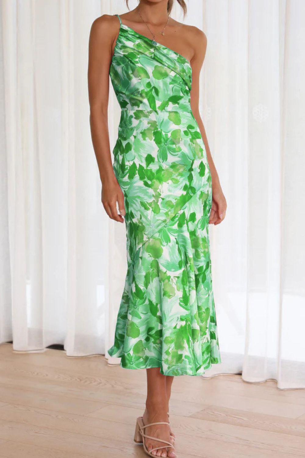 Ruched Printed Single Shoulder Midi Dress