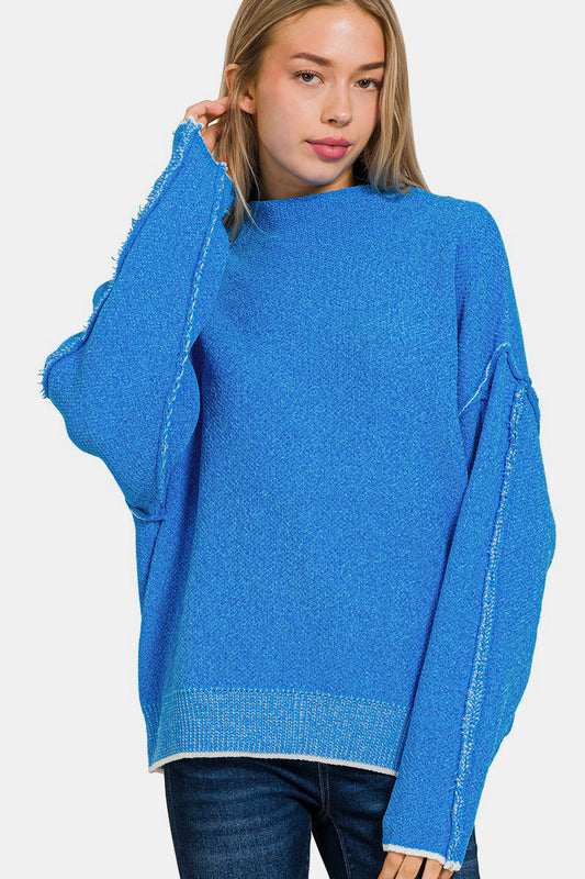 Zenana Exposed Seam Mock Neck Long Sleeve Sweater