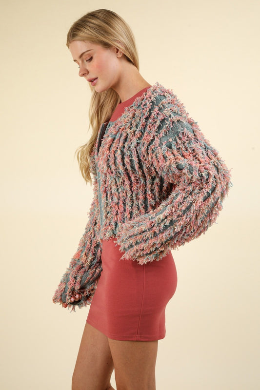 VERY J Shaggy Yarn Knit Zip Up Jacket