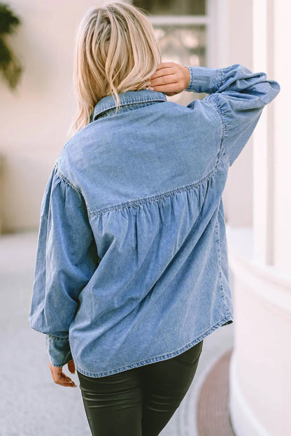 Collared Neck Lantern Sleeve Denim Top