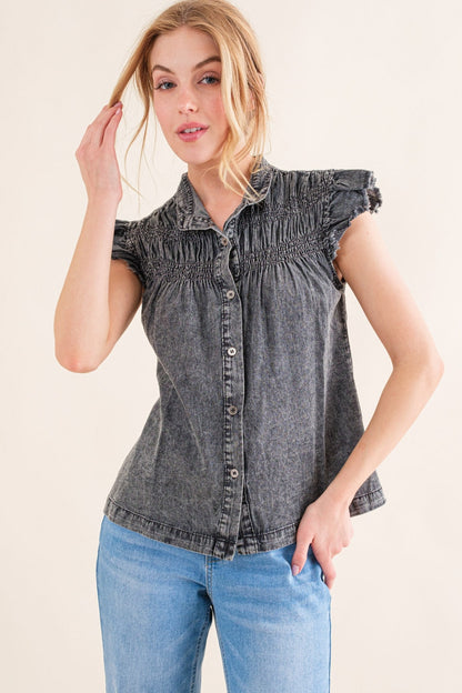 And The Why Full Size Ruffled Button Up Cap Sleeve Denim Top