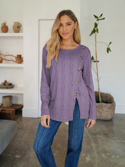 Slit Round Neck Long Sleeve T-Shirt