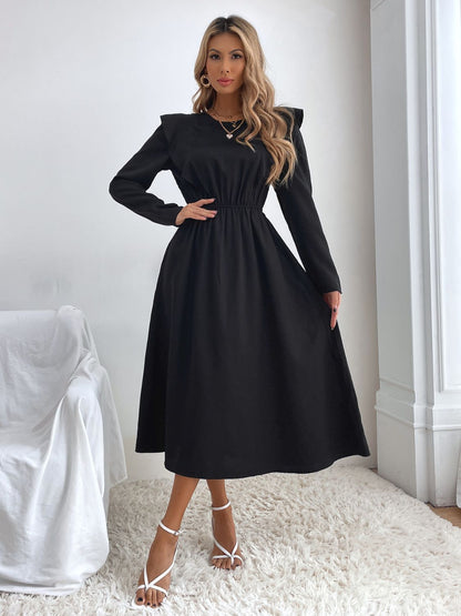 Ruched Ruffled Round Neck Long Sleeve Dress