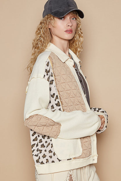 POL Leopard Exposed Seam Button Up Quilted Jacket