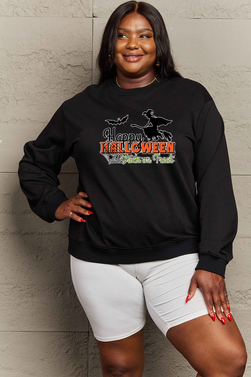 Simply Love Full Size HAPPY HALLOWEEN TRICK OR TREAT Graphic Sweatshirt