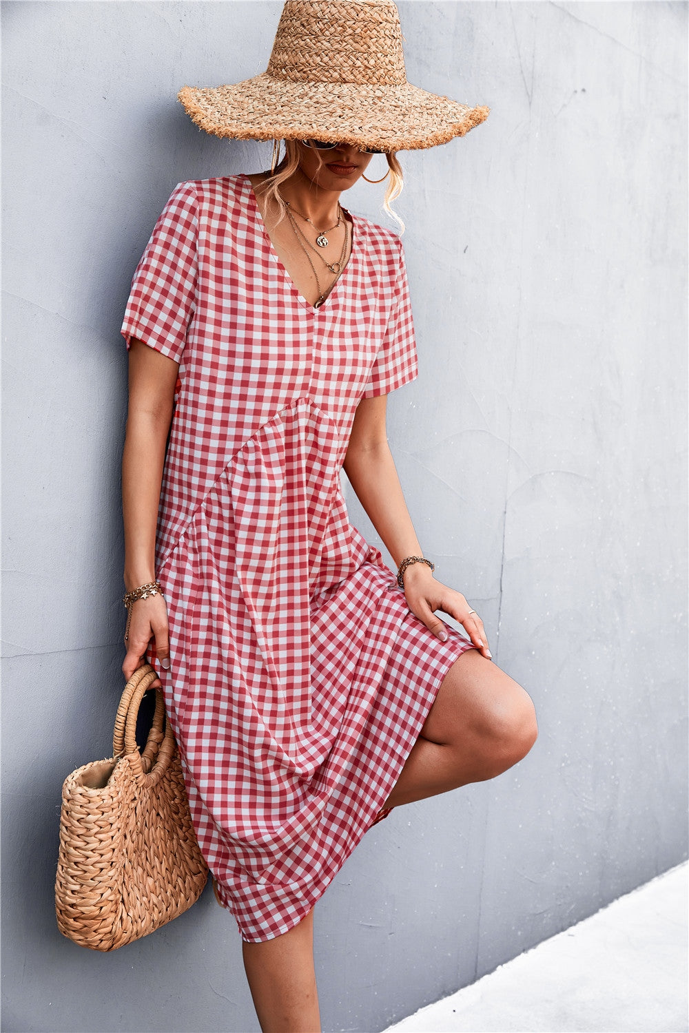 Plaid V-Neck Short Sleeve Dress