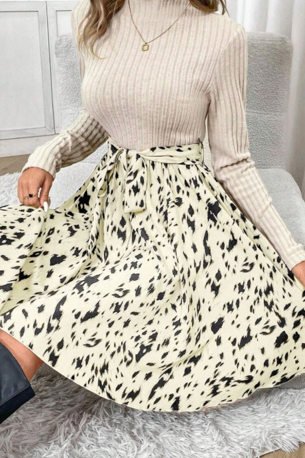 Printed Tie Waist Mock Neck Long Sleeve Dress