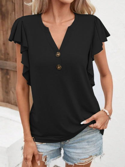 Full Size Ruffled Notched Cap Sleeve T-Shirt