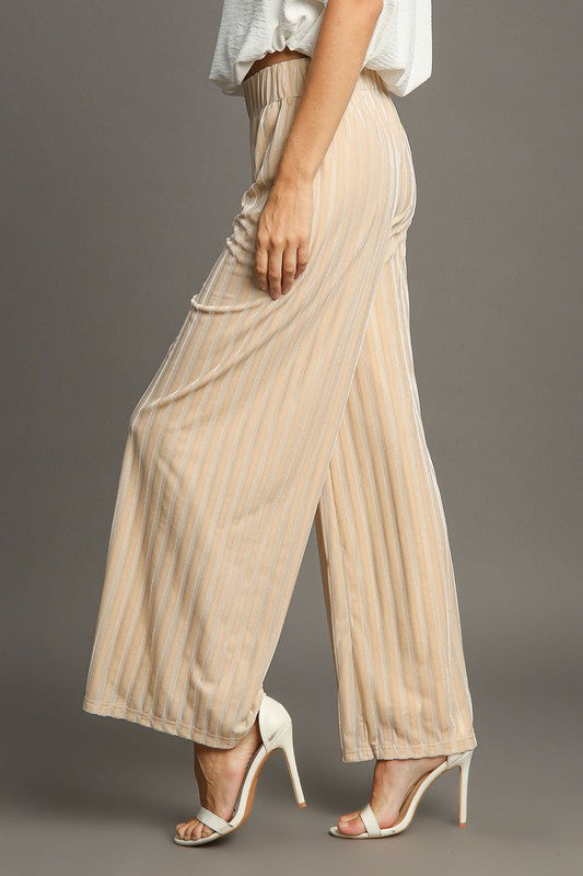 Umgee Elastic Waist Striped Wide Leg Velvet Pants