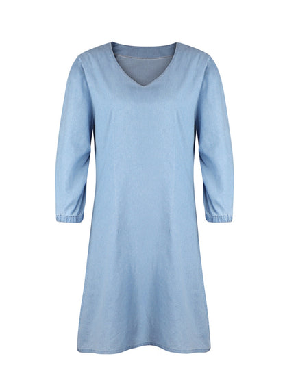 Full Size V-Neck Half Sleeve Denim Dress