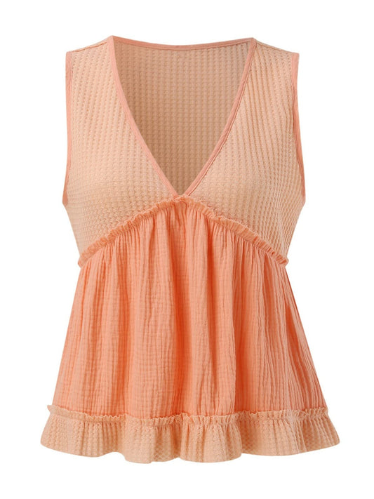 Waffle-Knit Frill V-Neck Tank