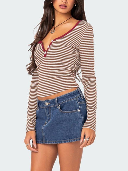 Buttoned Striped Long Sleeve T-Shirt