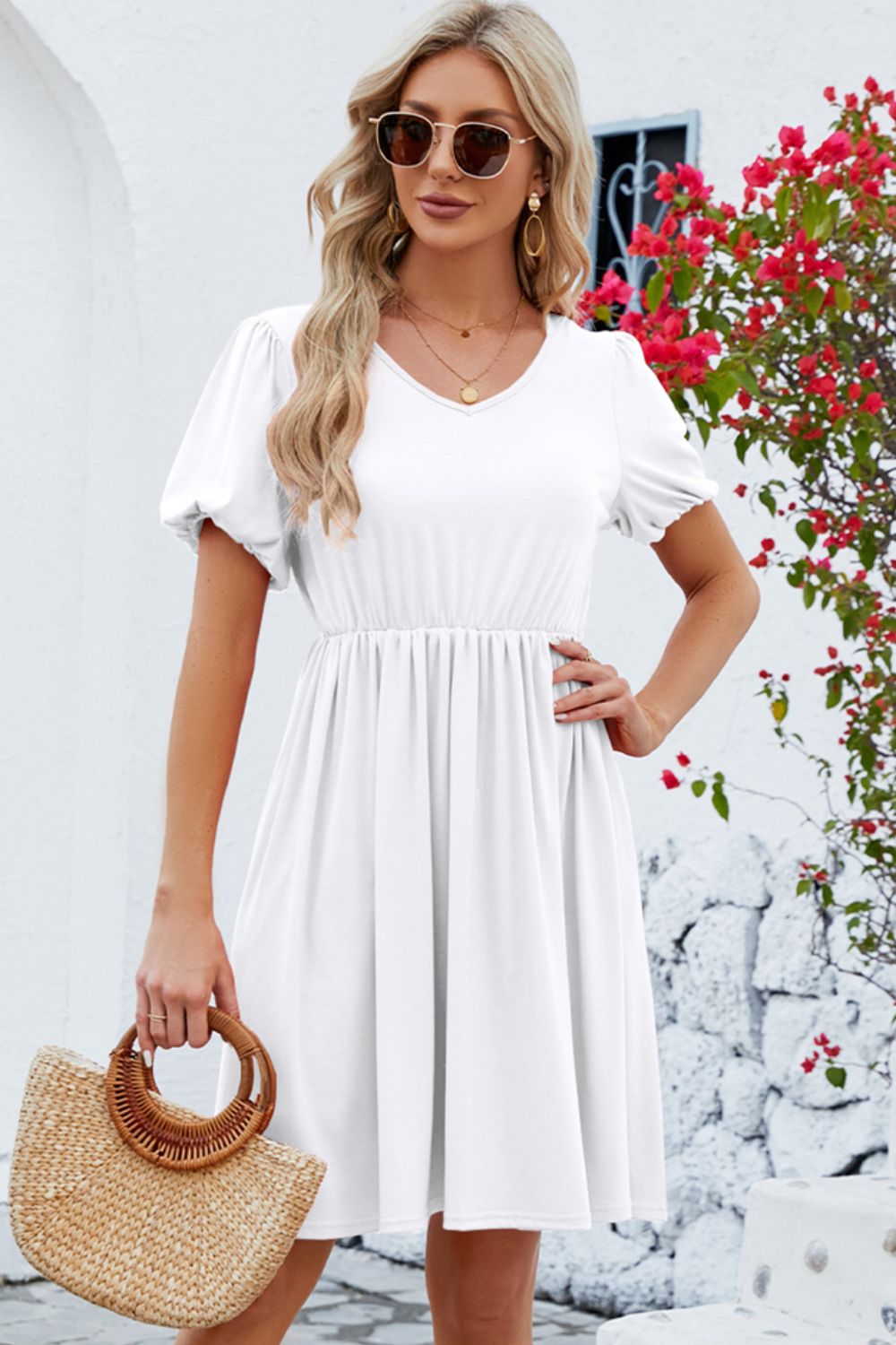 V-Neck Balloon Short Sleeve Dress