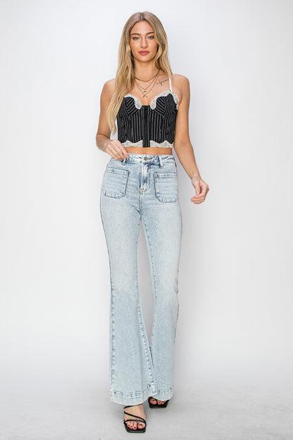 Risen Full Size High Rise Front Patch Pocket Flare Jeans