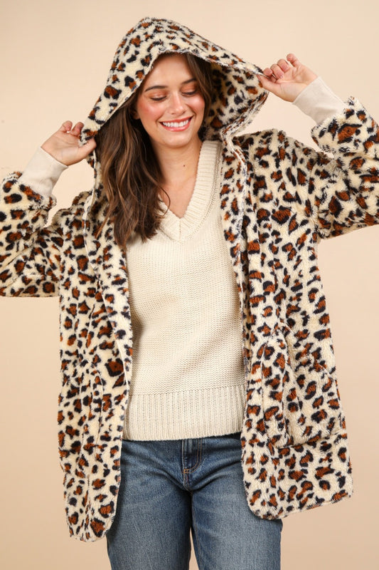 VERY J Fuzzy Leopard Long Sleeve Hooded Jacket