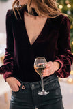 Cutout Long Sleeve Velvet Blouse