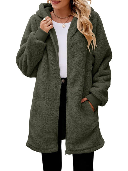 Fuzzy Pocketed Zip Up Long Sleeve Hooded Jacket