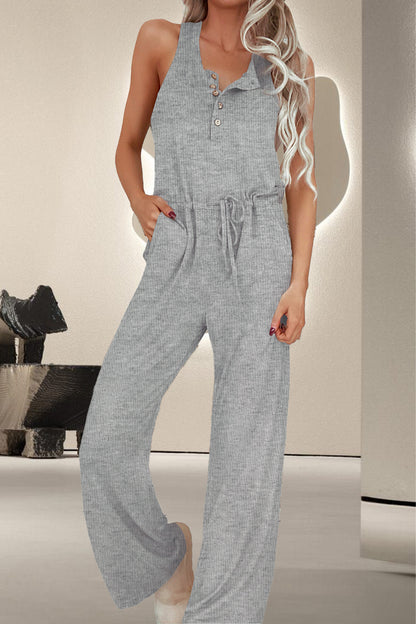 Drawstring Quarter Button Wide Strap Jumpsuit