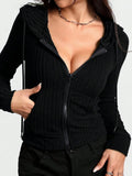 Drawstring Zip Up Long Sleeve Hooded Top