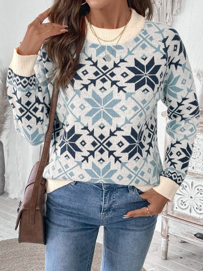 Perfee Graphic Round Neck Long Sleeve Sweater