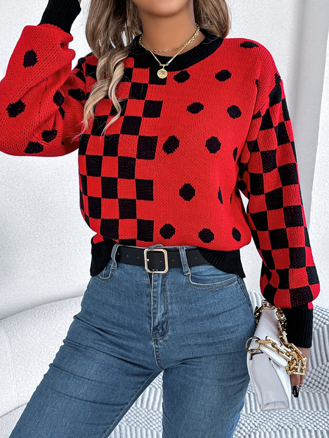 Plaid Round Neck Long Sleeve Sweater