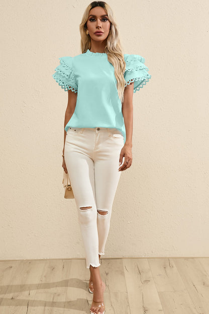 Ruffled Eyelet Round Neck Cap Sleeve Blouse