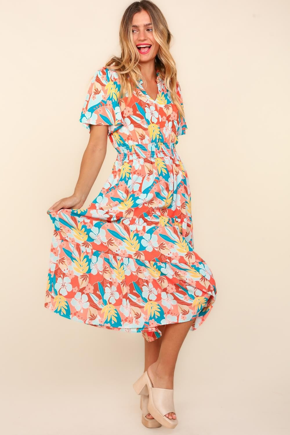 Haptics Full Size Tropical Floral Tiered Dress with Side Pockets